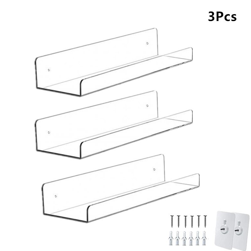 Estante de acrílico transparente para almacenamiento de libros, repisa flotante de pared, organizadores de cosméticos, para oficina y hogar, 2/3/4 unidades: 3pcs