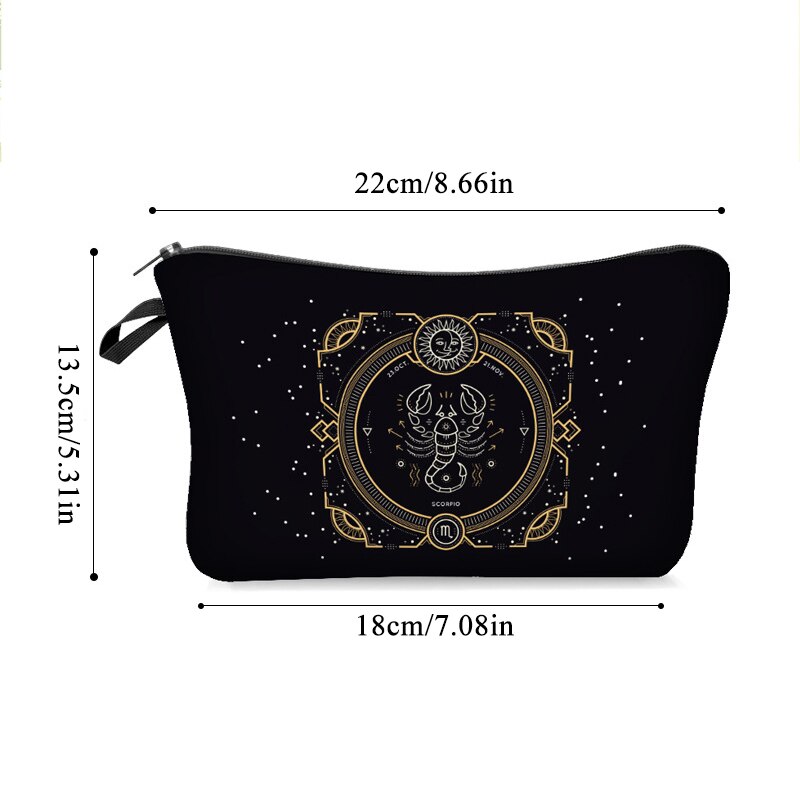 Women Makeup Cosmetic Bag Black Toiletry Bag With 12 Constellation Travel Bag Organizer Beauty Case Printed Makeup Pouch