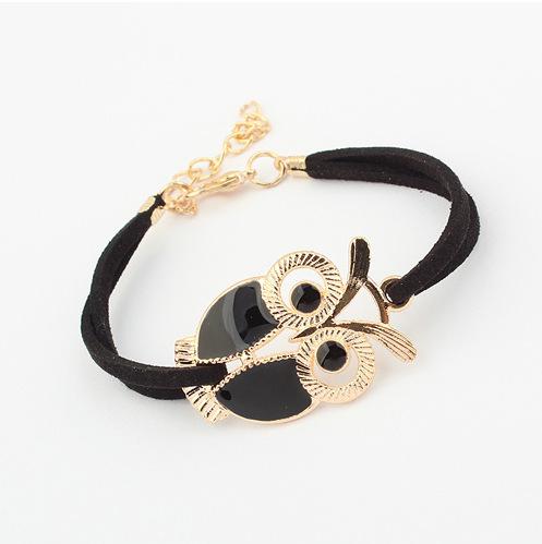 Quente nova moda selvagem retro amantes linda coruja dourada totem dourado cordão de couro pulseira feminina jóias atacado e varejo: black