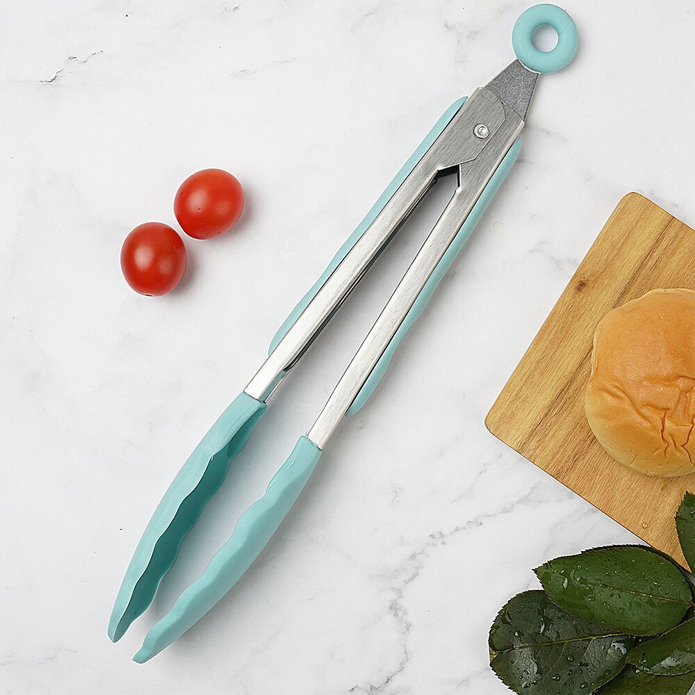Silicone Food Tong Cooking Clip Clamp BBQ Salad Tools Stainless Steel Kitchen Tongs Silicone Non-slip Grill Kitchen Accessories: green