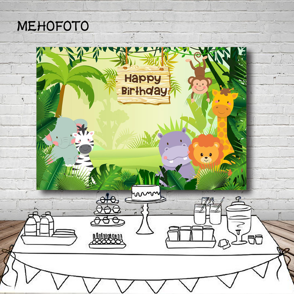 Jungle Safari Party Photo Achtergrond Dieren Bos Fotografie Achtergrond Baby Gelukkige Verjaardag Thema Party Banner Decoratie