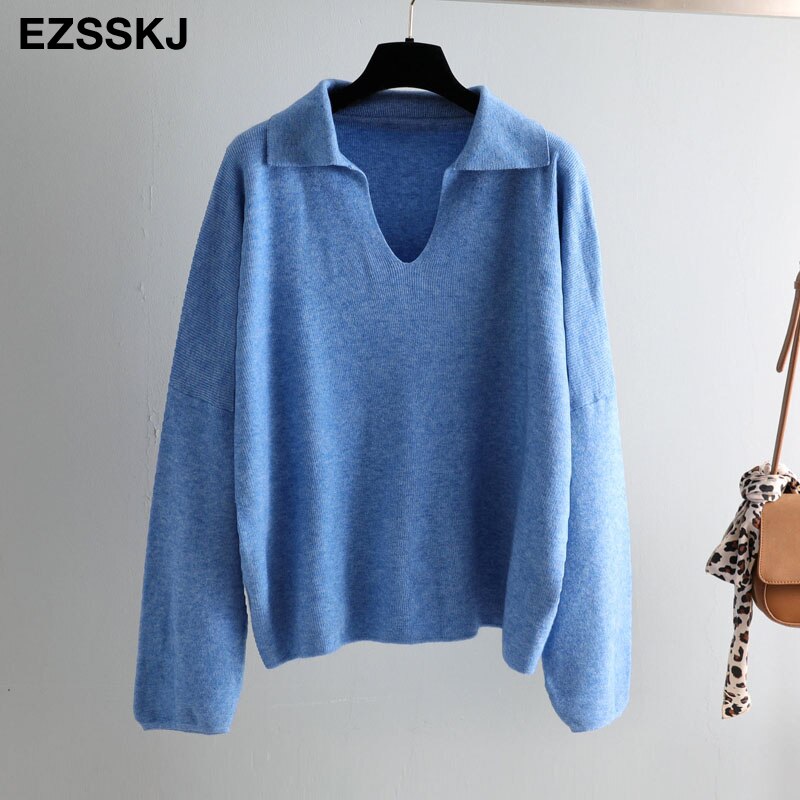 chic turn down collar oversize autumn winter Sweater Women Pullover Casual Long Sleeve loose Sweater Female Jumpers: Blue