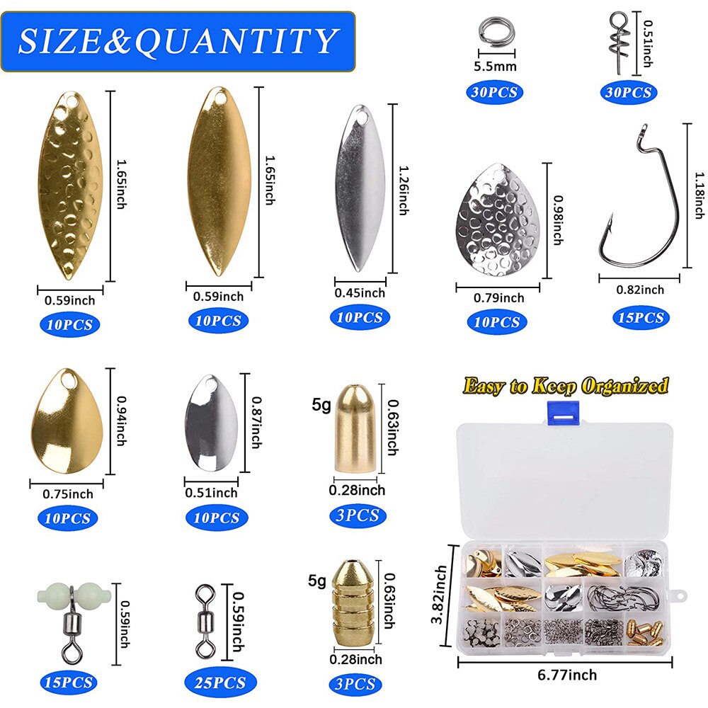 181Pcs/Box Fishing Lures DIY Kit Fishing Spoon Rigs Gold And Sliver Spinner Blade Baits Copper Blades Spinner Bait Tackle
