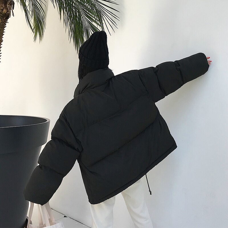 Løse damejakker til vinter koreansk stil solid kvinde parkaer brødjakke stander krave tyk bomuld kvindelig kold frakke outwear