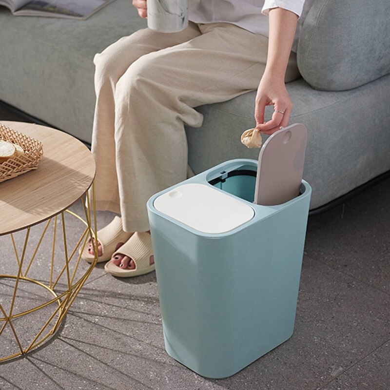 Prullenbak rechthoek plastic drukknop twee compartimenten 12 liter recycling afvalbak vuilnisbak-blauw