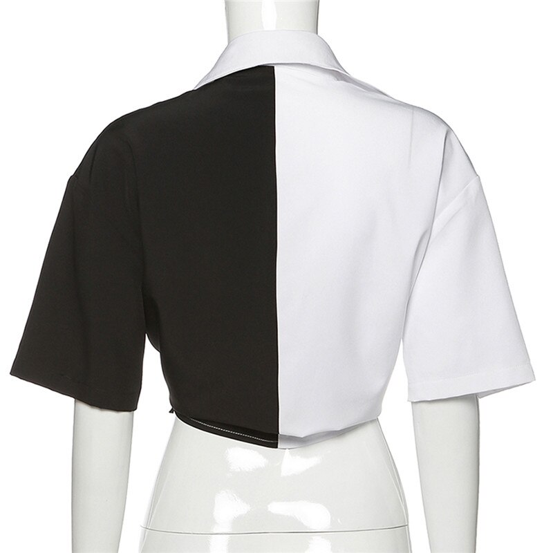 Haut court et décontracté avec boutons pour femmes, haut de nombril à contraste noir et blanc, t-shirt d'été