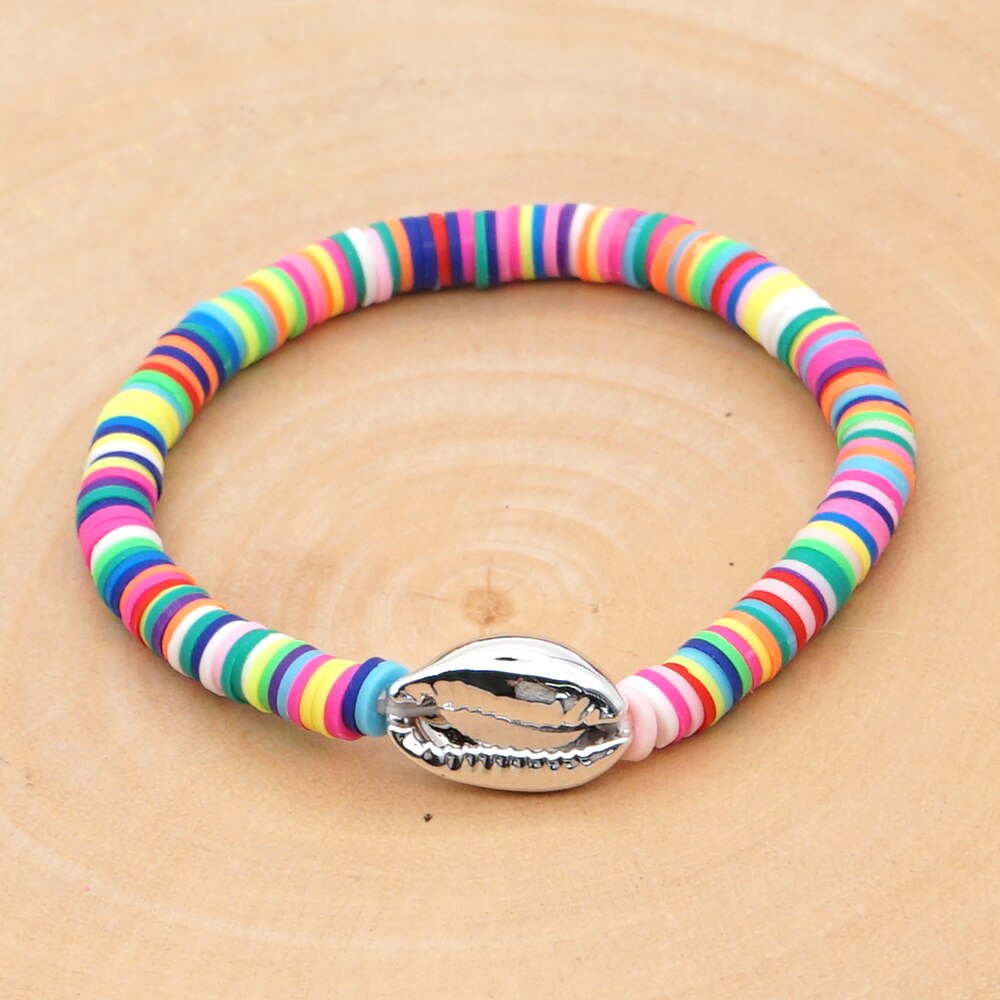 GO2BOHO Polymer Clay Bracelet Women Jewelry Cowrie Shell Summer Beach Heishi Disc Beads Bracelets Handmade Elastic Pulseras: B-B200070B