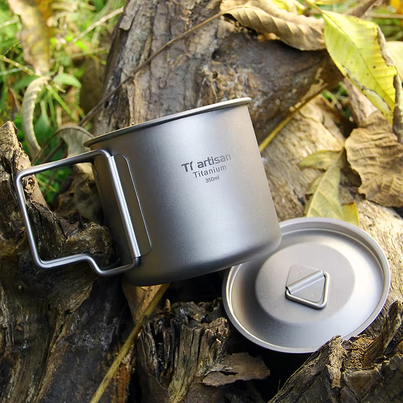 Tiartisan 350 ml 750 ml Tatinium-Tasse, Wandergeschirr, faltbarer Griff, Kaffeetassen mit Deckel, leichte, gefrostete Tassen
