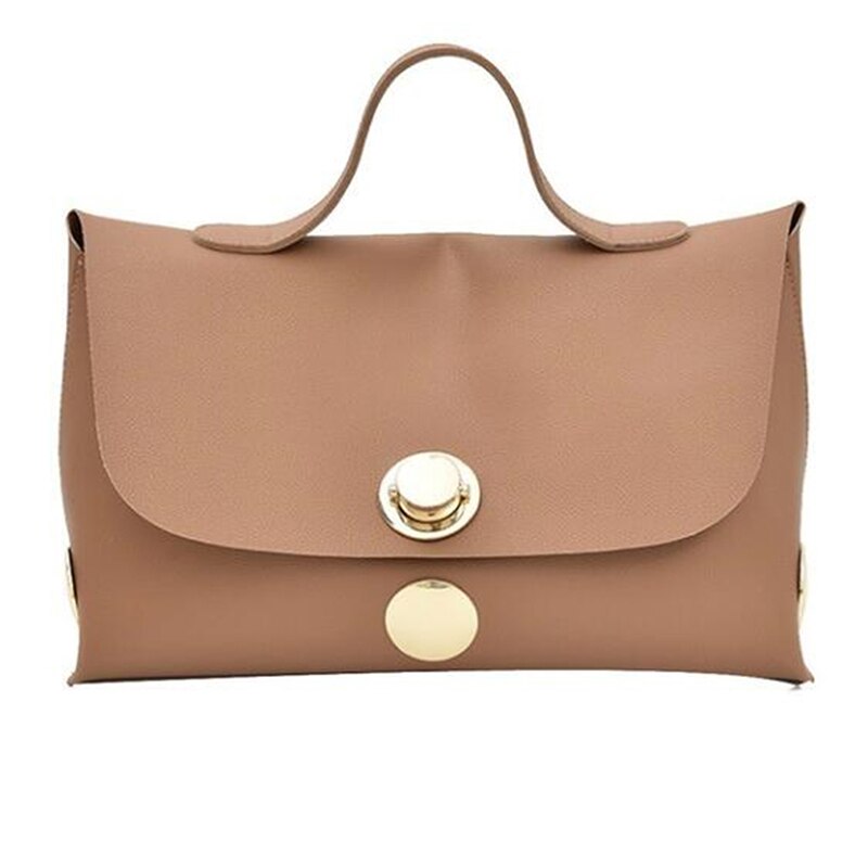 Metalen ronde gesp decoratie leren handtas voor vrouwen eenvoudige effen kleur grote capaciteit schoudertas: Khaki