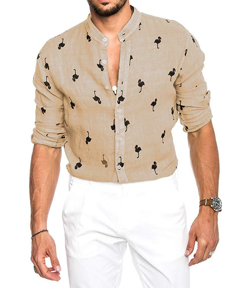 Chemise manches longues col montant homme, décontracté, Slim,