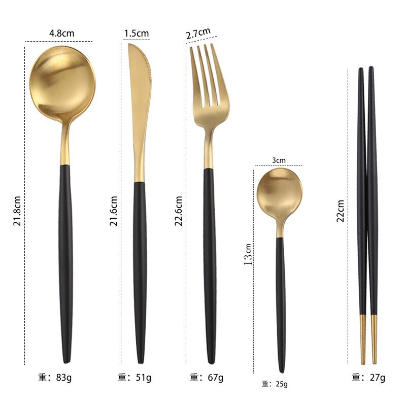 Wit Goud Bestek Set Servies Set Servies Matte Black Zilverwerk Diner Vork Mes Theelepel Koreaanse Eetstokjes: Black Gold 5pcs