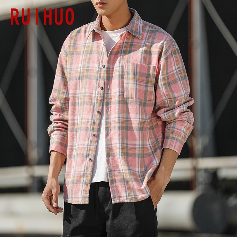 Ruihuo casual rosa rutig skjorta herr slim fit ull herr långärmade skjortor herr märke plus size m -5xl 2022 vår