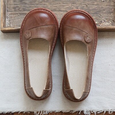 Mori litterære retro runde hoved tyk-såler flade sko håndlavede komfort enkle afslappede enkeltsko japanske dukkesko med stort hoved: Khaki / 4