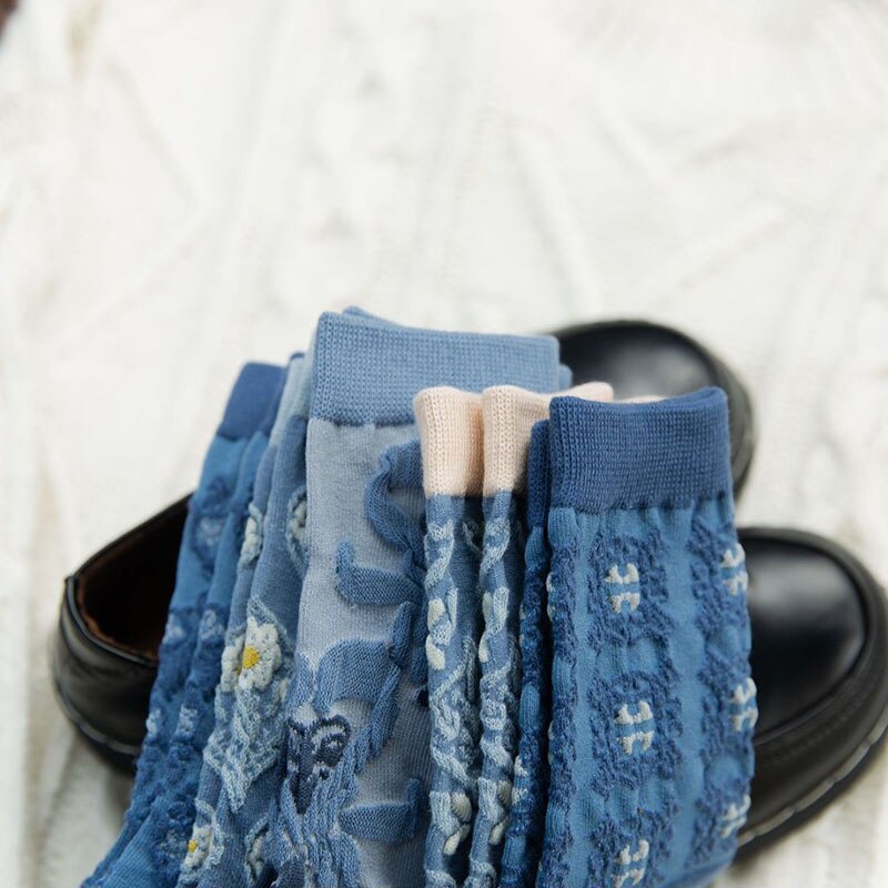 5 Pairs Vrouwen Sokken Set Herfst Winter Bloemen Printing Katoen Harajuku Blauwe Accessoires Geometrie Hartvormige Femme Sokken Kawai
