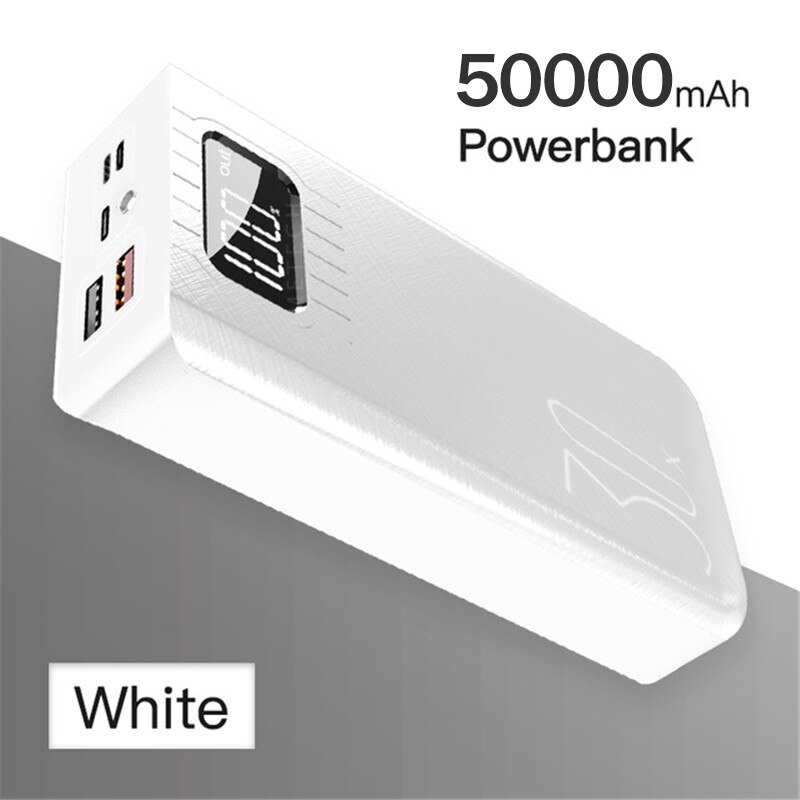 50000mAh Power Bank Portable Large-Capacity Phone Fast Charger Outdoor Travel Charger Poverbank LED Digital Display Poverbank: white