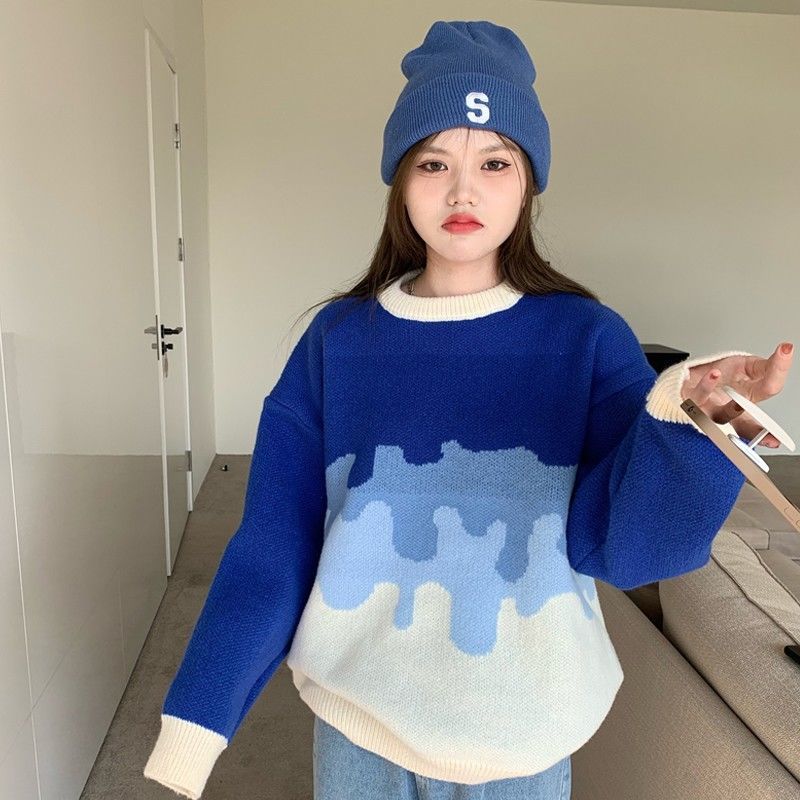 Pull en maille pour femmes, style Hip Hop, Streetwear, dégradé, Harajuku, décontracté, noir, bleu, automne,: Bleu / XXL