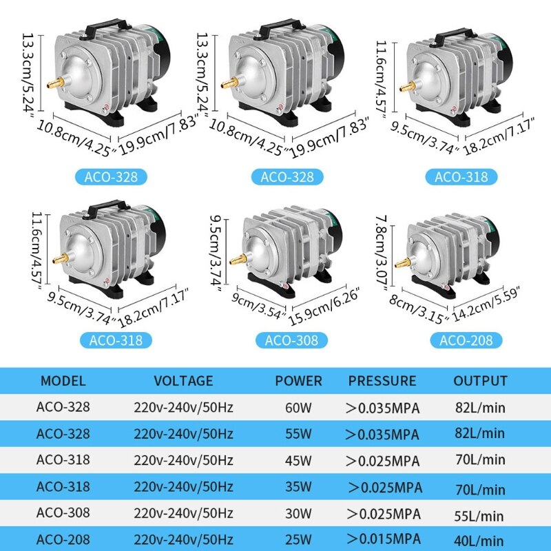 ACO-208/308/318 Fish Tank High Flow AC Electromagnetic Aquarium Air Compressor Pond Oxygen Pump