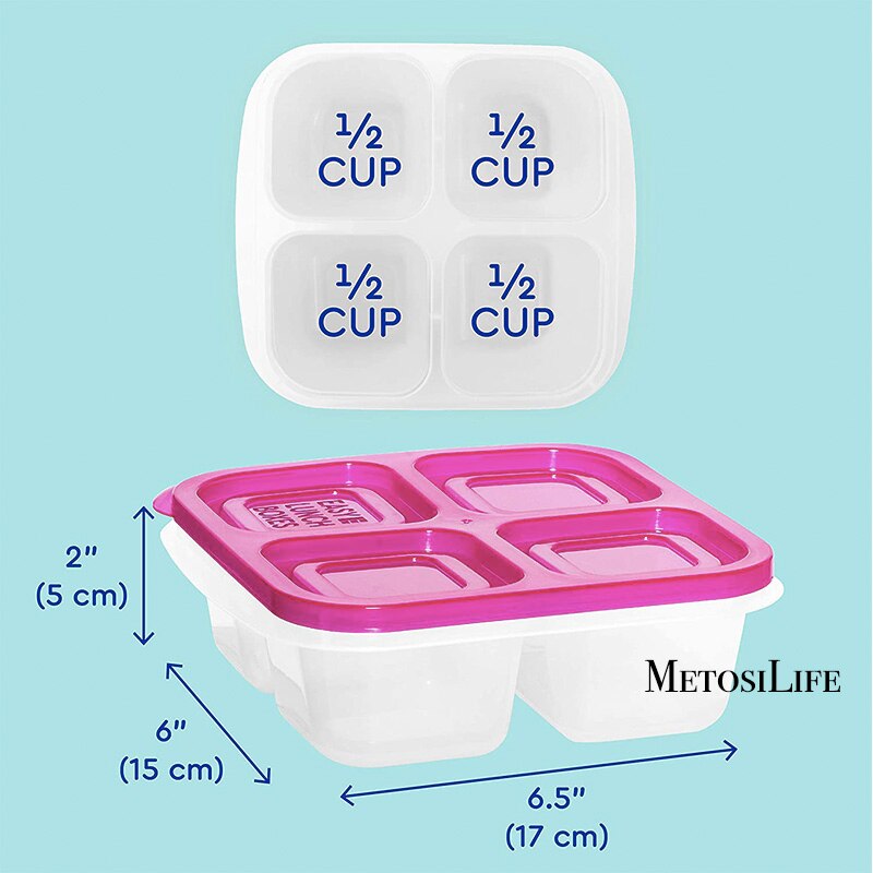 Plastic Bento Snack Box Reusable 4 Compartments Leakproof Food Meal Prep Containers for School,Work And Travel Dishwasher Safe