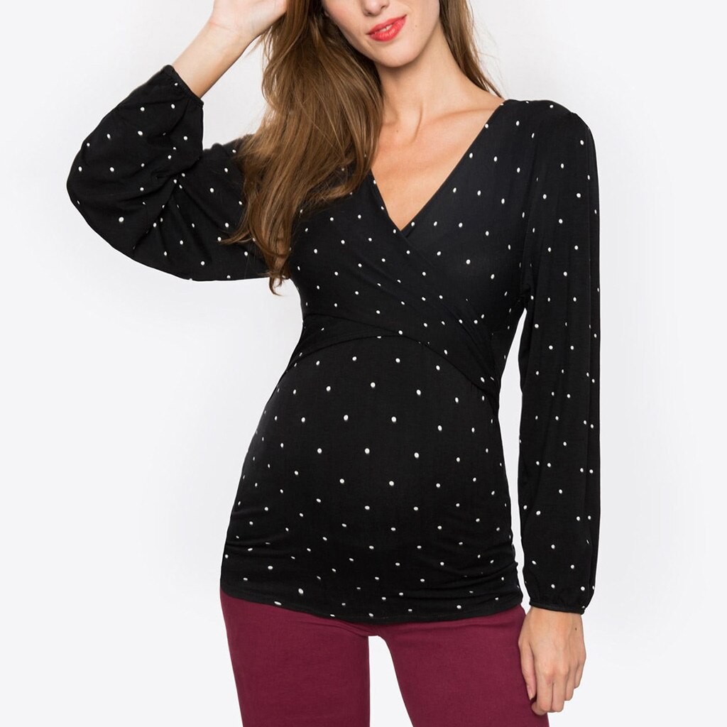 4# Women Dot Printed Maternity T-shirts Pregnant Tees Pregnant Nusring Maternity V-neck Long Sleeve Ruffles T-shirt Maternité: Default Title