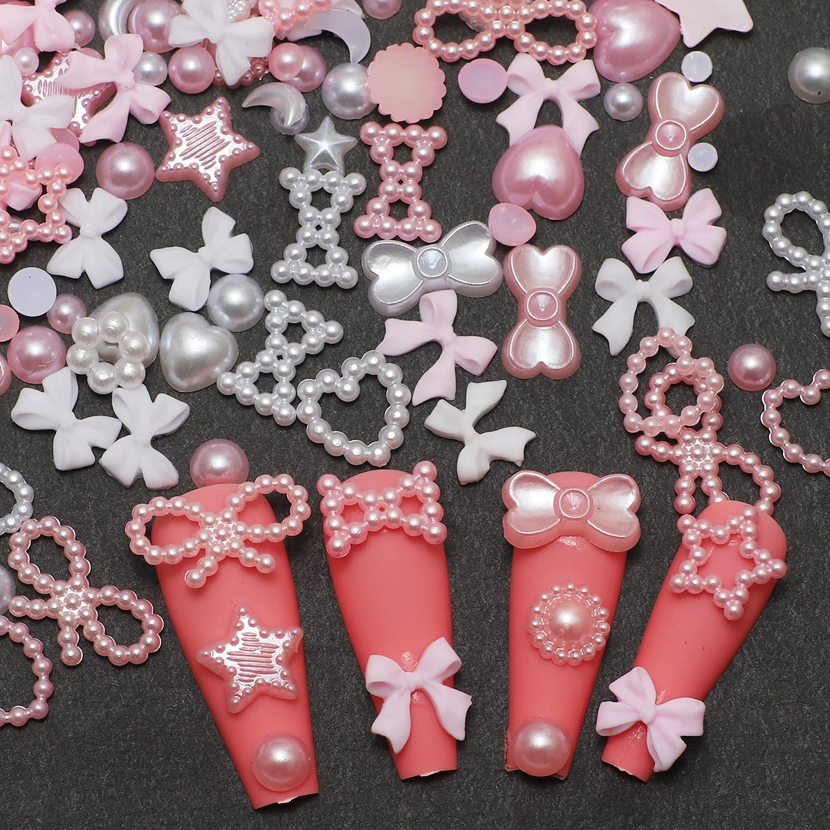 1 doos nagelaccessoires 3D nagelbedel hars liefde boog pentagram nagelaccessoires gemengd roze witte hars holle parel voor manicure