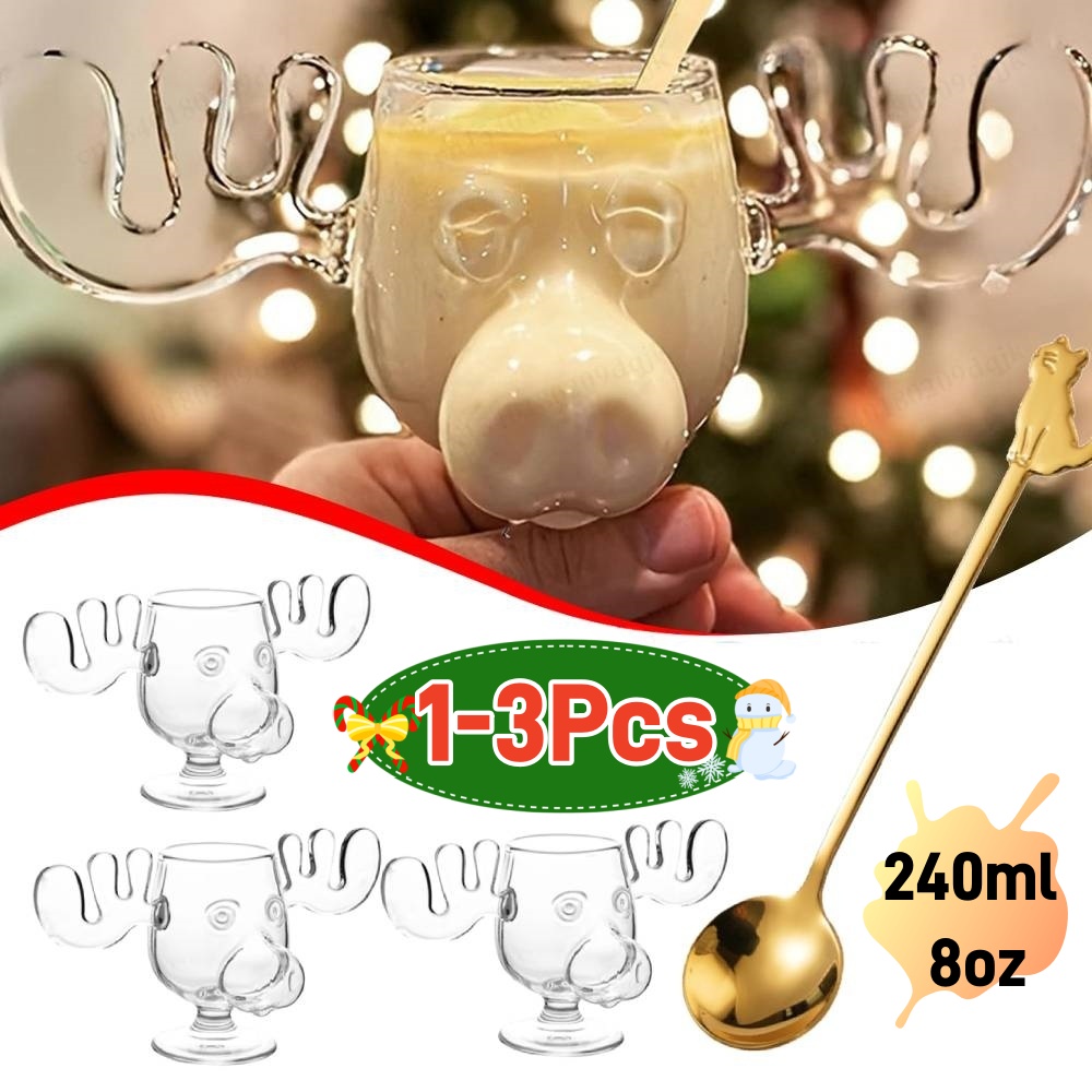 1-3PCS 240ml 8oz Christmas Vacation Moose Mug Christmas Reindeer Head Elk Glass Wine Beer Water Juice Milk Glass