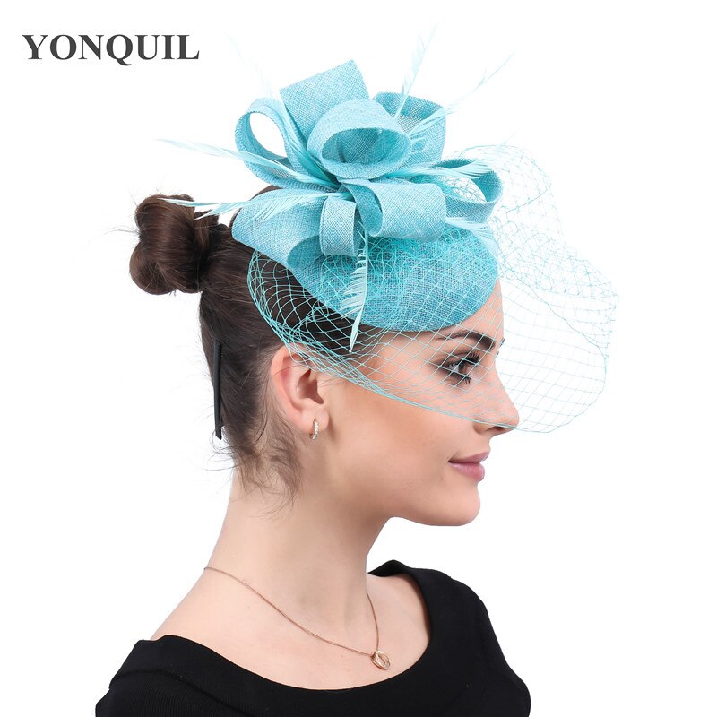 Bruid Bruiloft Witte Hoofddeksel Elegante Dames Mariage Mesh Tovenaar Hoed Fancy Veils Chapeau Cap Mode Kerk Hoofddeksels Womens: turquoise