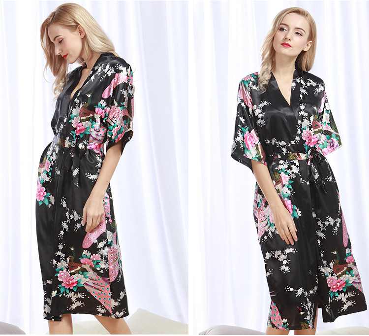Peignoir kimono en satin pour femmes, vêtements de nuit longs, en élasthanne, motif imprimé paon floral, pour fête, mariage, demoiselle d'honneur
