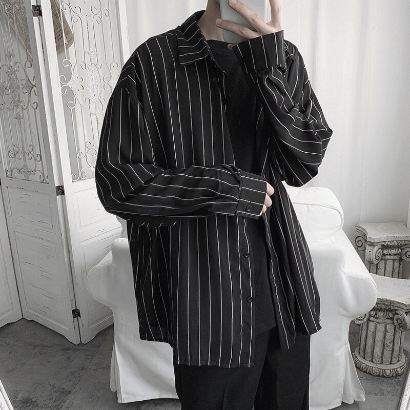 Iefb herr randiga skjortor höst herr långärmad lös skjorta herr oversized toppskjorta solskyddskläder  hd371