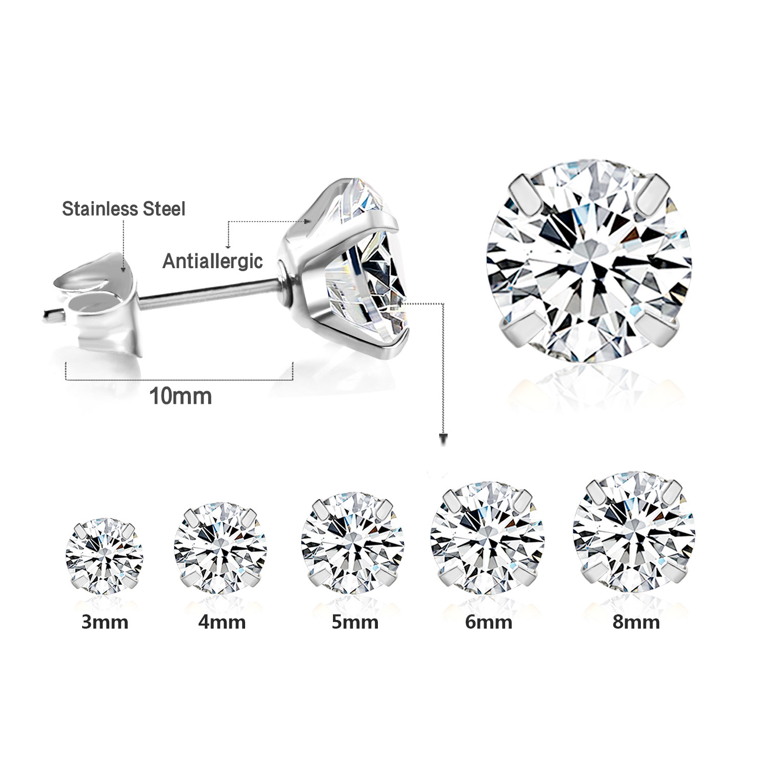LUXUSTEEL 2Pcs Men's Crystal Zircon Studs Earrings For Women 316L Stainless Steel Cartilage Piercing Ear Anti Allergic 3-8mm