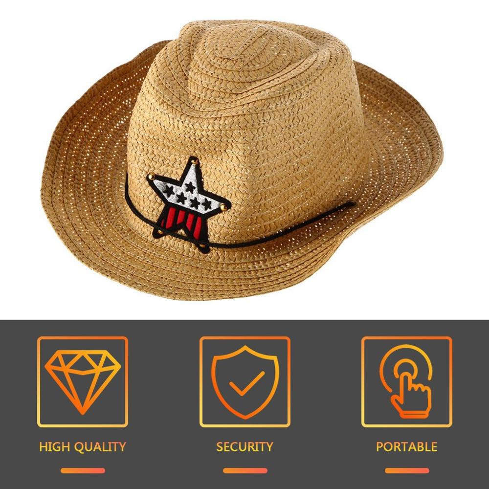 Stylish Children Kids Western Cowboy Straw Sun Hat Wind-proof Cap Summer Big Wide Brim Sunbonnet with Star Decoration