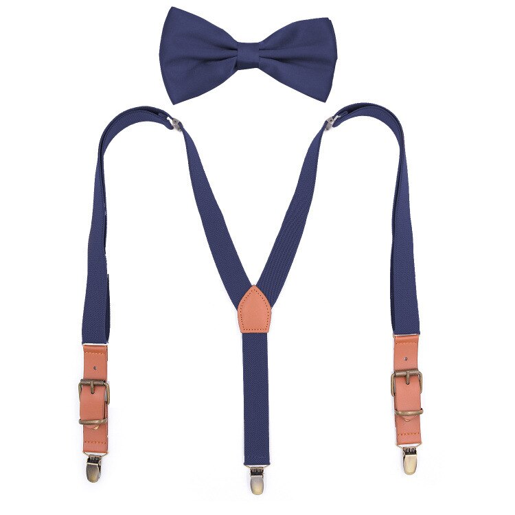 Ensemble de bretelles en cuir PU unisexe, Vintage, avec nœud papillon, ajustable, accessoires pour pantalons: Navy