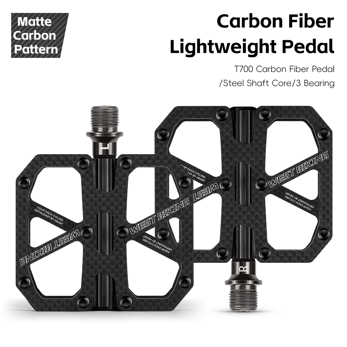 WEST BIKING Ultralight 3-lager fietspedaal T700 koolstofvezel MTB racefiets pedalen antislip plat pedaal fietsaccessoires: WIT