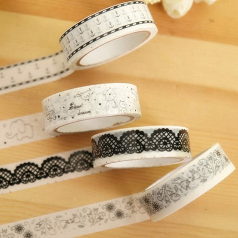 2pcs/set DIY Adhesive Tape Decorative Masking Tape 15mm*10m Scrapbooking Cartoon Adhesive Tape School Supplies Black and white