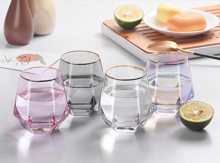 Vasos de cristal de estilo nórdico con forma de diamante para whisky, vasos de agua con borde dorado, 280ml,