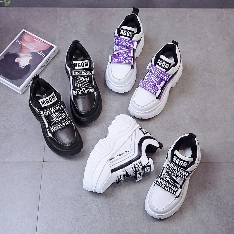 Tyk bund chunky sneakers kvinder hvid sort patchwork høj platform sko kvinde afslappet efterår vinter kiler fodtøj  g788