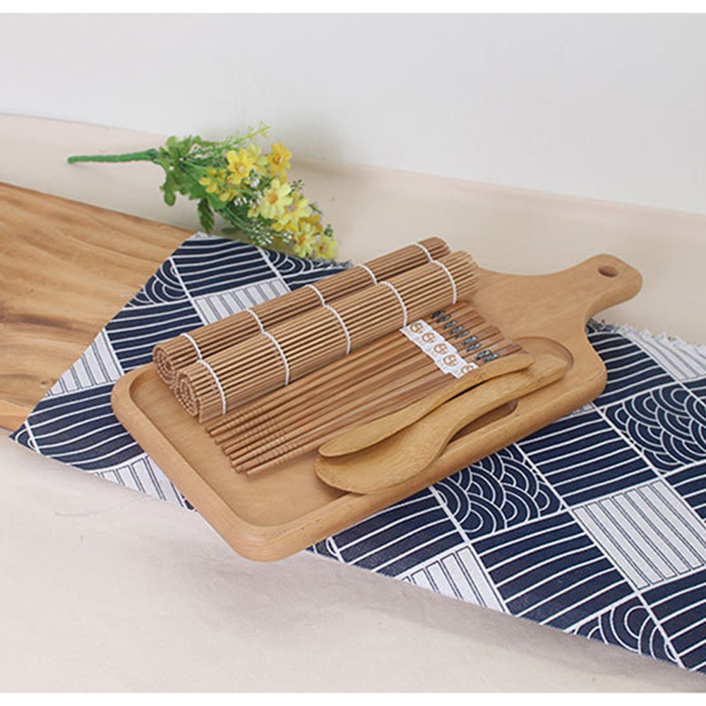 9pcs Bamboo Sushi Making Kit with 2 Rolling Mats 5 Pairs Chopsticks Rice Paddle Rice Spreader