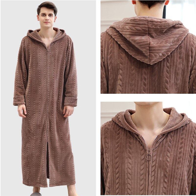 Hommes à capuche Robe hiver col châle polaire peignoir doux Spa Robe en peluche longue chaude peignoir pour hommes confortable pleine longueur chemise de nuit