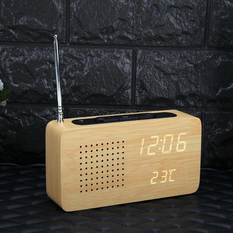 FM Radio Wood LED Alarm Clock LED Display Electronic Desktop Clock