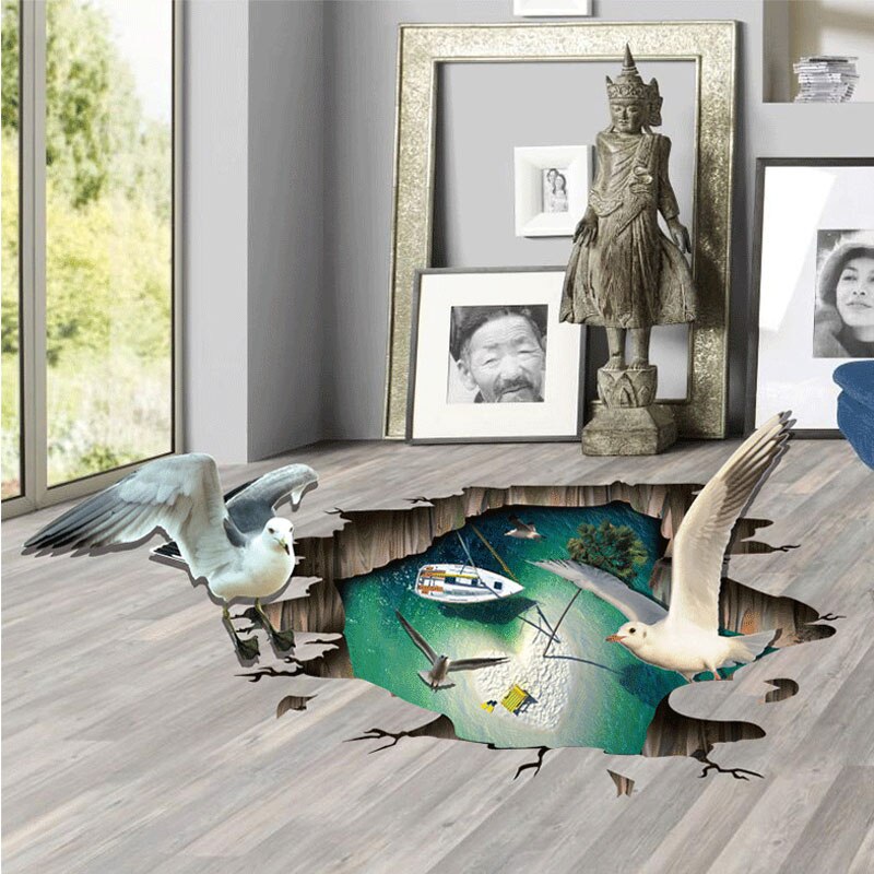 3D stéréo cassé trou mouette Stickers muraux chambre salle de bain sol décalcomanies vinyle imperméable auto-adhésif Animal autocollant décor