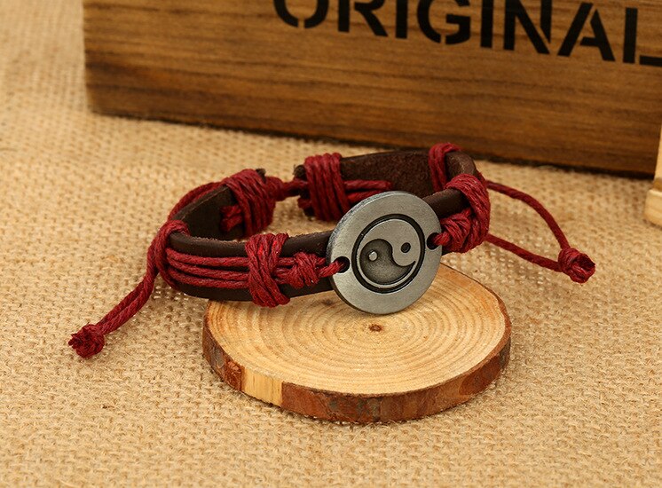 Nuovo Stile Orientale Ying Yang Bracciali in Pelle di Mucca Braccialetti Degli Uomini e braccialetti Femminile Catena di Gioielli A Mano Corda Tai Chi Otto trigrammi: in profondità rosso