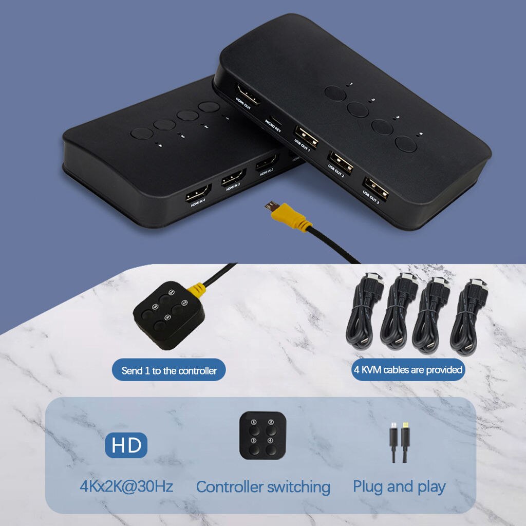 KVM Switch 4 Port Box for 4 Computers Sharing, Two Switching Modes, HD Visual Enjoyment