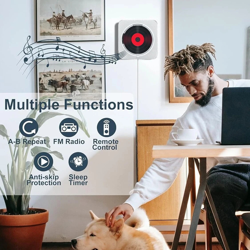 Portable CD Player Bluetooth Speaker Stereo CD Players LED Screen Wall Mountable CD Music Player with 3.5mm Headphones Jack