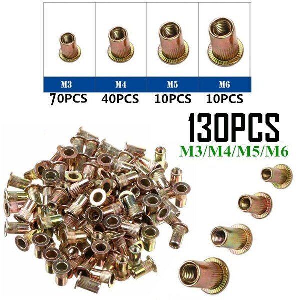 130/190/250 porcas cegas do rebite dos pces m3 m4 m5 m6 m8, porca rosqueada zinco misturada do rebite do aço carbono parafusos e porcas da inserção do rivnut: 130PCS