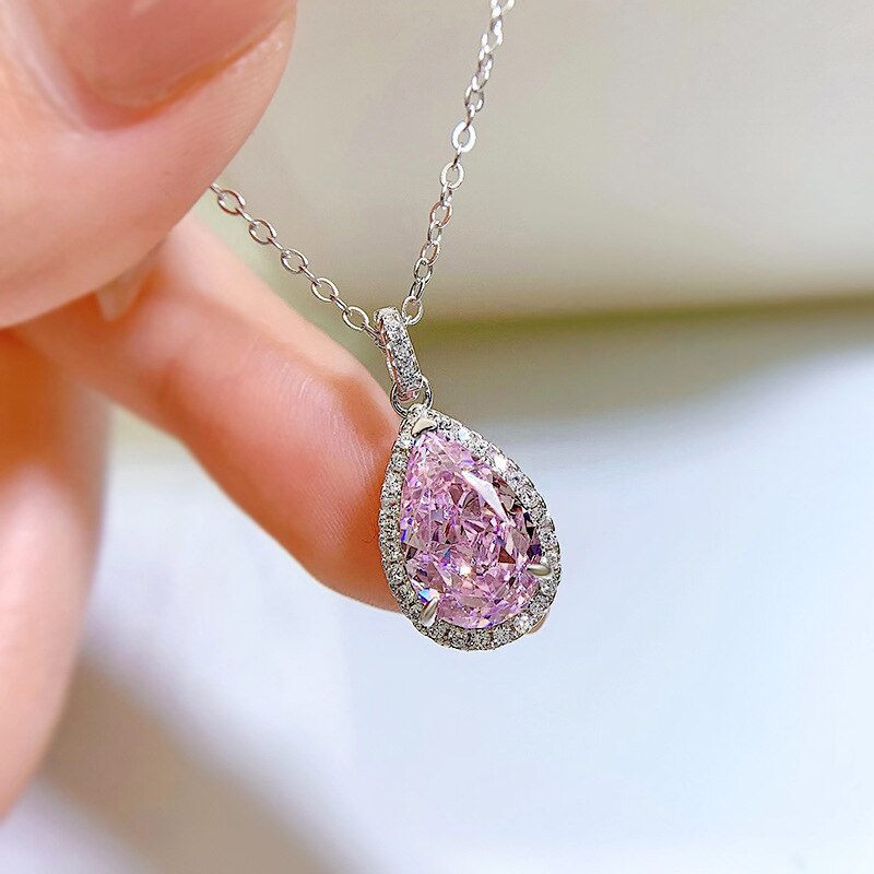 OEVAS 100% 925 Sterling Silver 8*12mm Yellow Water High Carbon Diamond Pendant Necklace For Women Sparkling Fine Jewelry: Pink