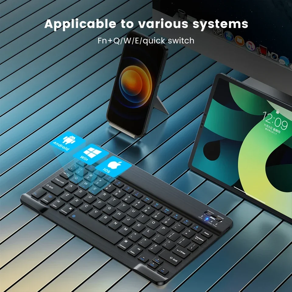 Teclado inalámbrico recargable con Bluetooth de 7/10 pulgadas para teléfonos móviles, tableta, ruso, español, francés, AZERT, Android, ios y Windows