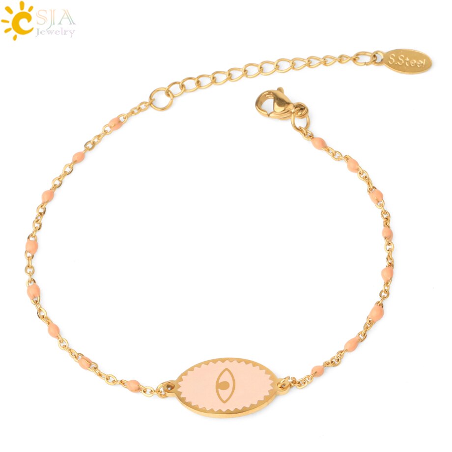 CSJA smalto Evil Eye Charms bracciali bracciale in acciaio inossidabile 2022 bracciale Femme Color oro Link gioielli di moda Pulseras S719: Pink