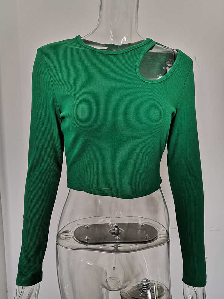 Camisetas de punto de Ribber para mujer, Tops cortos de manga larga básicos blancos recortados de color verde y primavera, camisetas informales de otoño e invierno