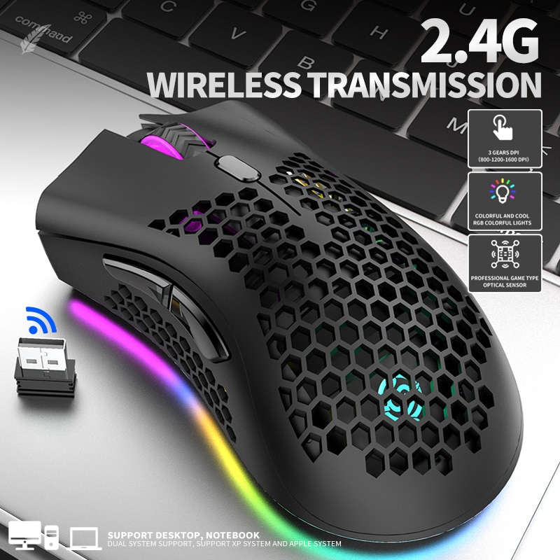 BM600 2.4GHz Wireless Gaming Mouse USB Rechargeable 1600DPI Adjustable RGB Backlit Hollow Out Honeycomb Office Gamer Mice