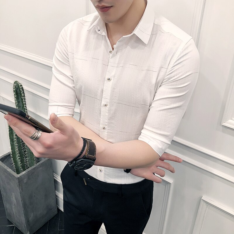 Sommer halvermet herre sosiale skjorter merke slim fit formell skjorte herre slim fit casual streetwear bluse homme