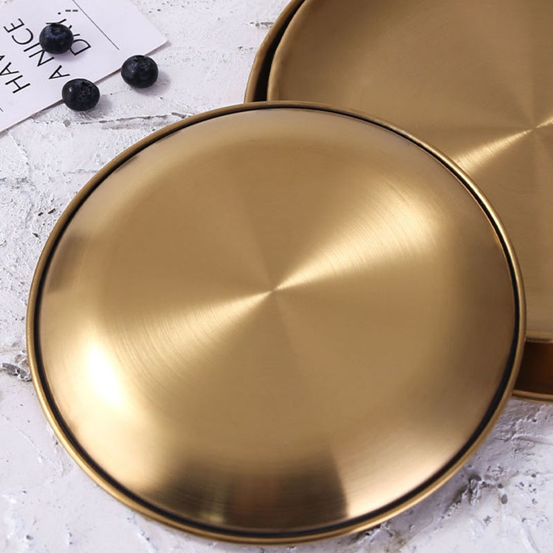 Golden Stainless Steel Storage Tray Luxurious Brass Gold Round Plate Metal Fruit Plate Dessert Snack Jewelry Display Tray